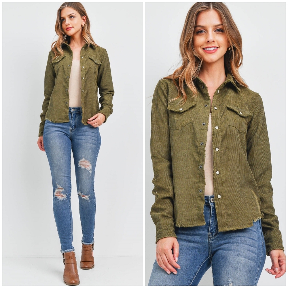 LAST ONE❗️SKYLAR+MADISON Olive Distressed Corduroy Shirt - Picture 6 of 6